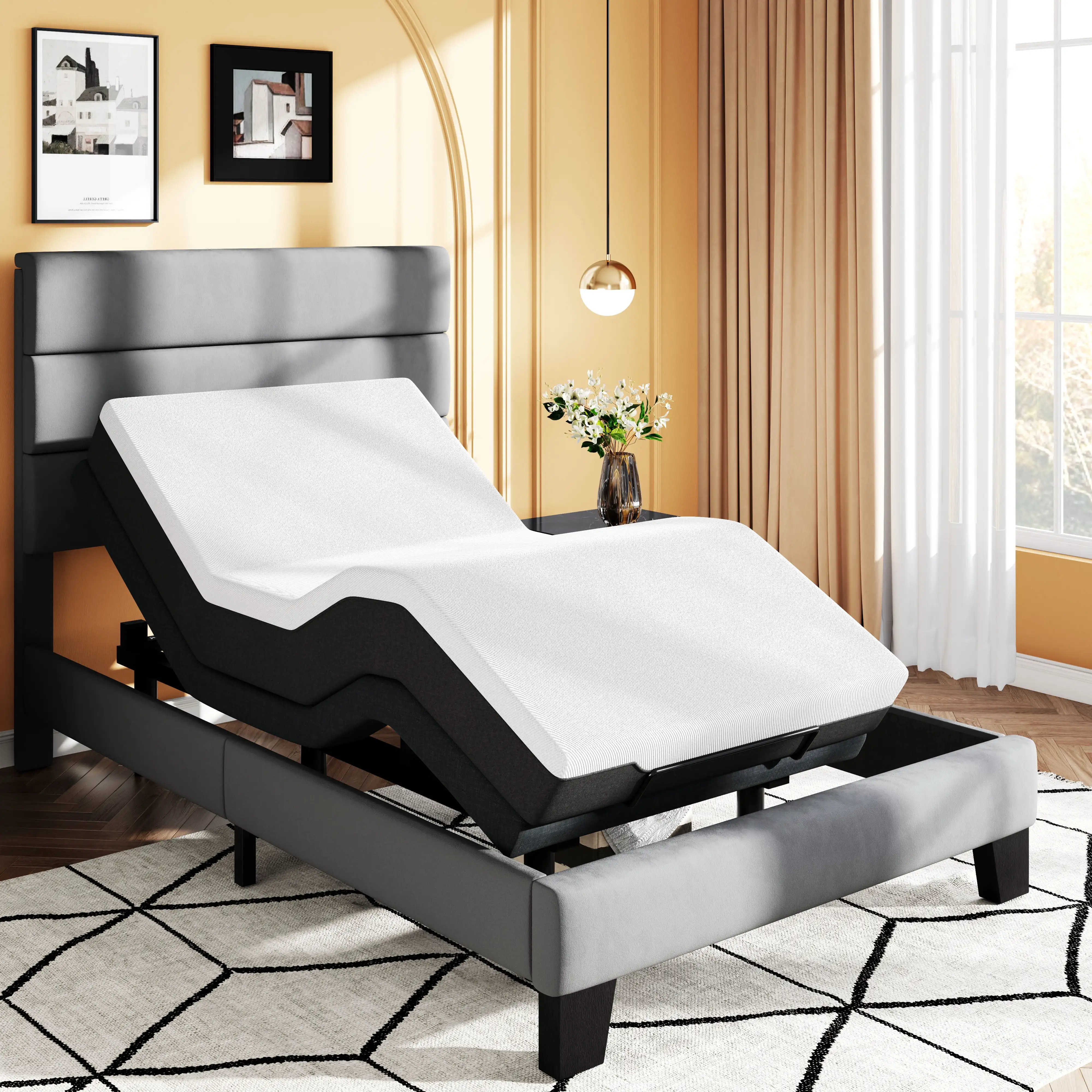 Upholstered Twin XL Size Ergonomic Adjustable Bed Base Frame Foot Incline Wireless Remote Control Zero Gravity