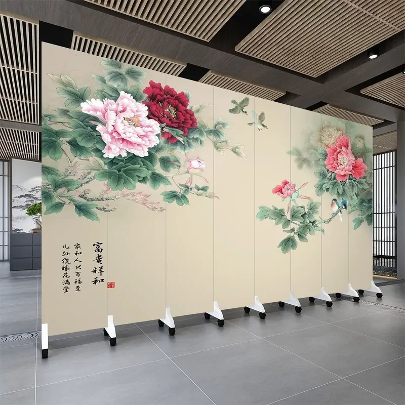 New Chinese Style Rich Peony Mobile Folding Screen Room Divider for Living Room Entrance Study Partition Decor