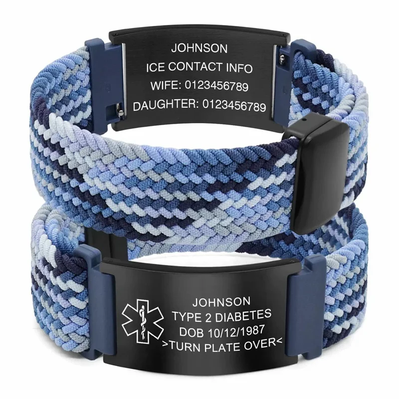 Personalisiertes Medizinisches Warnarmband Elastisches Nylon Individuell Graviertes Etikett Medizinisches ID-Armband Verstellbares Andenken-Geschenk für die Gesundheit – Detail 21