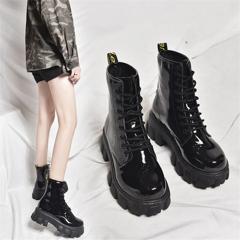 Botas Women Motorcycle Ankle Boots Wedges Female Lace Up Platforms Spring Black Leather Oxford Shoes Woman 2020 Botas Mujer