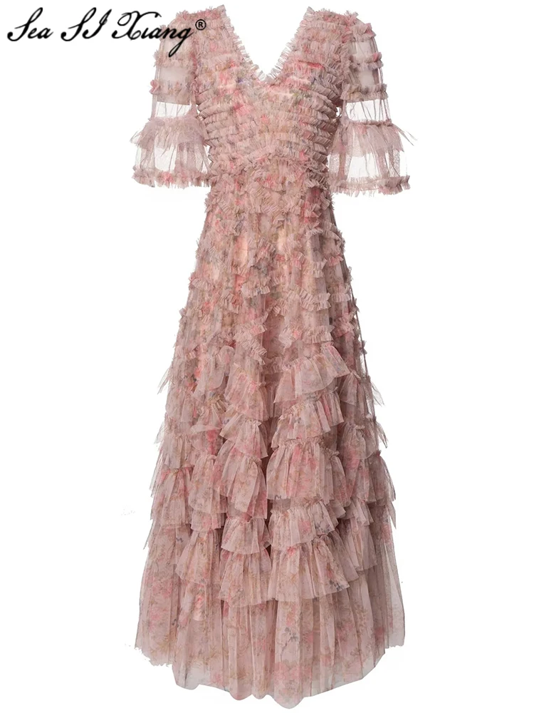 

Seasixiang Fashion Designer Spring Dress Women V-Neck Short Sleeve Ruffles Floral Print High Waiste Vintage Backless Dresses