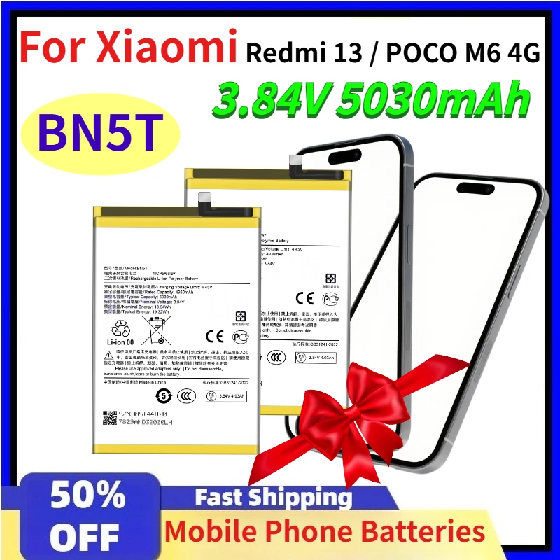 

3.84V 5030mAh BN5T High Quality Mobile Phone Batteries for Xiaomi Redmi 13 / POCO M6 4G Replacement Lithium Battery