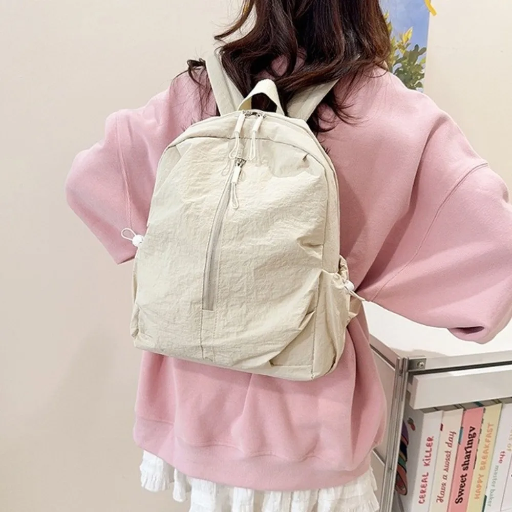 Soft Pleated Nylon Backpack Solid Color Large Capacity Rucksack Lightweight Durable Student School Bag Women