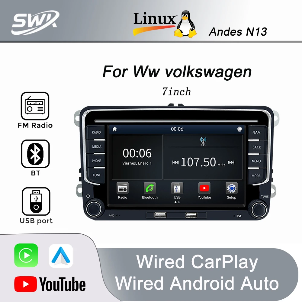 

Система Linux для VW Volkswagen, 7-дюймовый автомобильный плеер с FM, USB, Android Auto, Carplay, Bluetooth 5.1, PSD, Mirror-link, Plug and Play