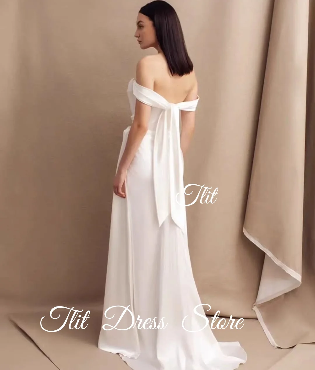 TLIT Simple Ivory Silk Satin Mermaid Wedding Gowns Customized Off The Shoulder Bridal Gown Korea Wedding Dresses Photos Shoot