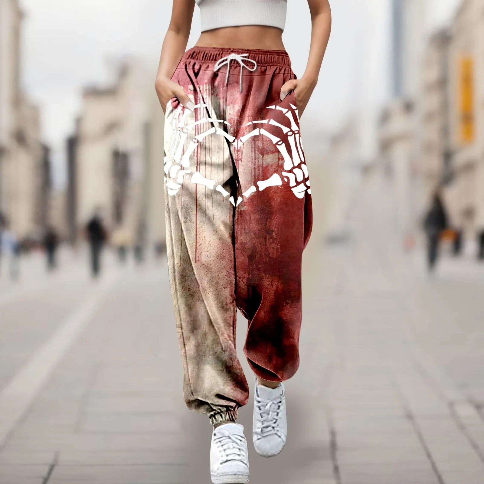 2024 Halloween Blood Print Pants Women Horror Elastic Hight Waist Drawstring Lace-Up Long Pants With Pocket Funny Streetwear