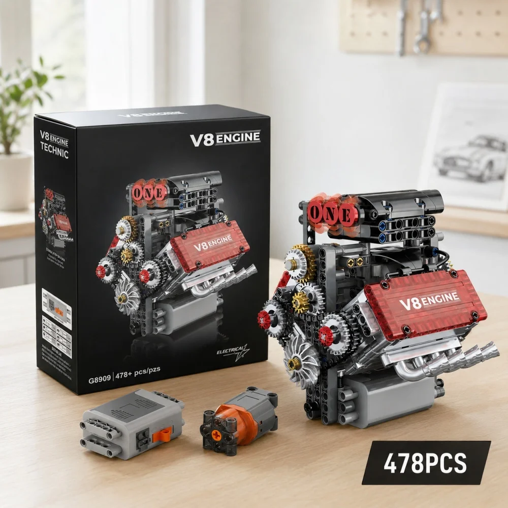 MOC Technical V8 Turbine Engine 478pcs Building Blocks, Fine Details Rotating Gears DIY STEM Educational Toy, 3D Decor Gift