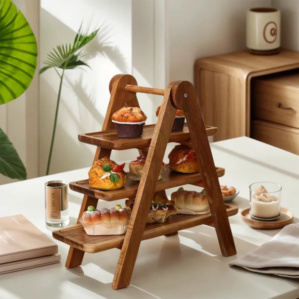 Wooden Serving Platter Rectangular Serving Stand Multi-Function Food Serving Rack Cupcake Tiered Tray for Home Kitchen