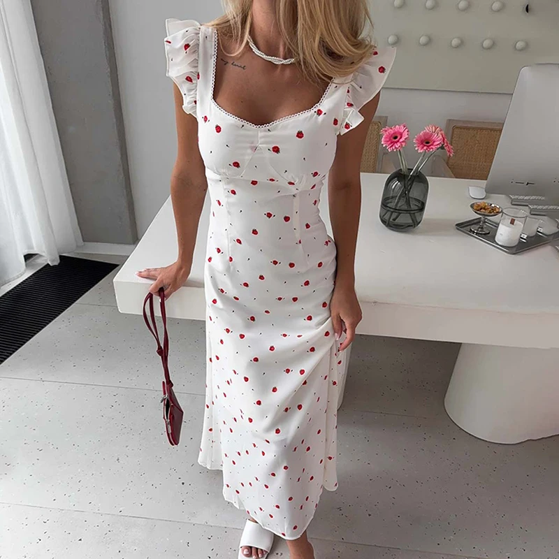 

TARUXY Rose-Print Maxi Dress Women's Elegant Fashion Low-Cut Ruffled Waist-Cinching Casual Dress 2026 Summer New Commuting Dress