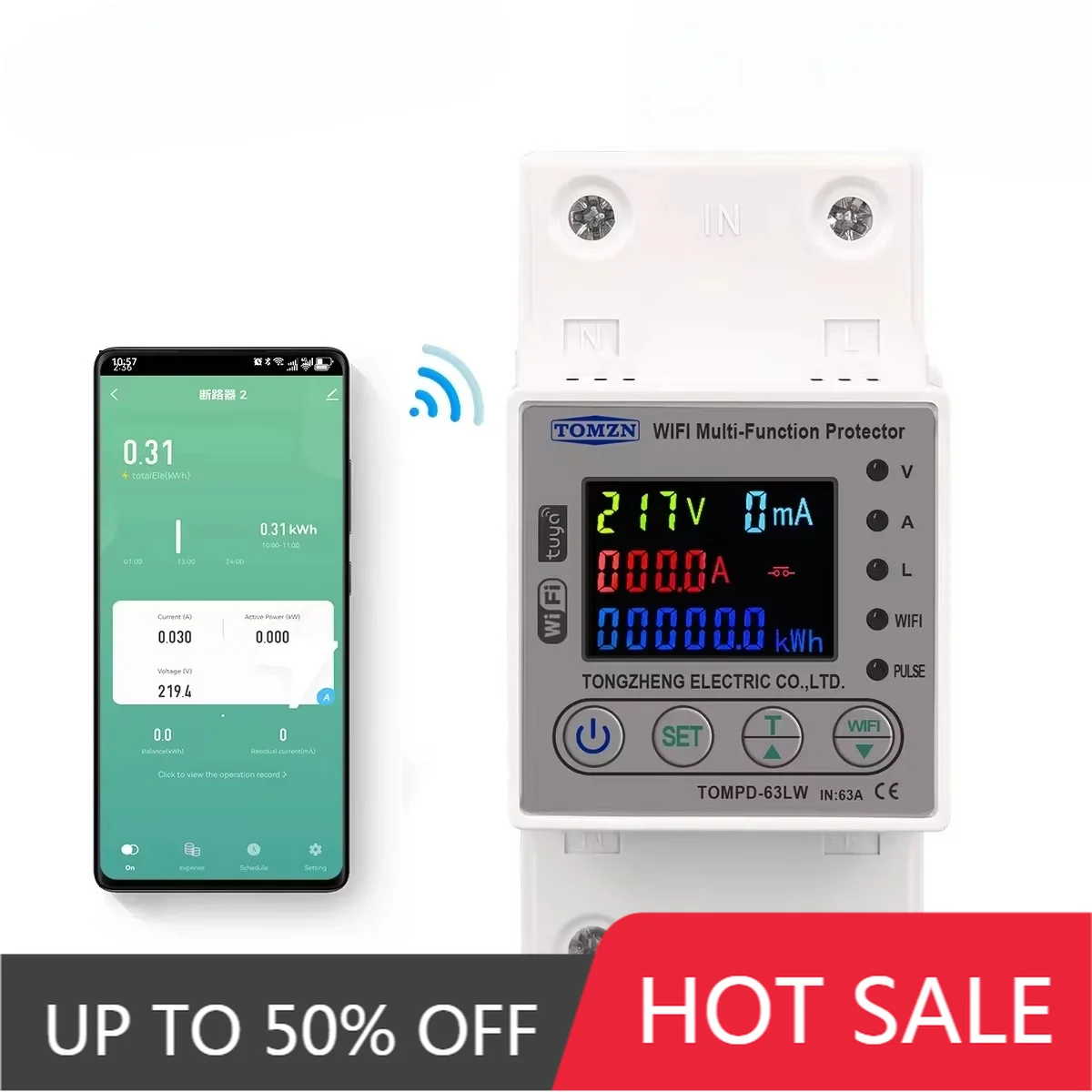 TOMPD Series WiFi Smart MCB TOMZN 63/80A Din Rail Energy Power Overload Leakage Protector