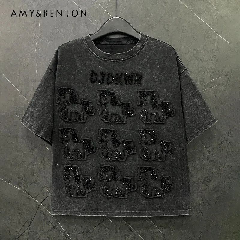 

2026 Spring Summer Heavy Industry New Patch Embroidery Short Sleeved O-Neck T-shirt For Women's Loose Casual Pullover Top Tees