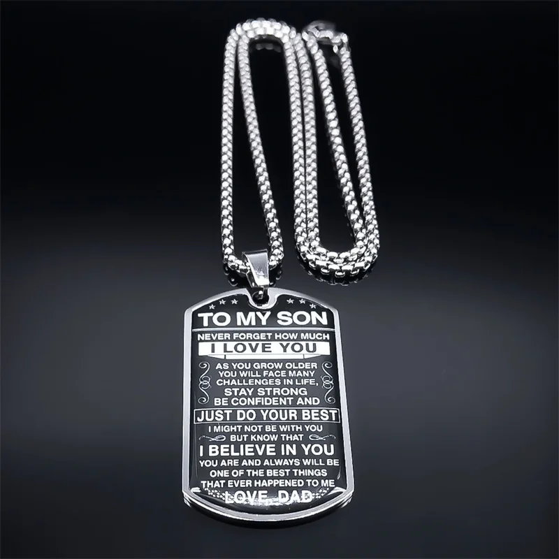 An meinen Sohn, ich liebe dich Anhänger Halskette Edelstahl Hundemarke Buchstabenkette Geburtstags- und Abschlussgeschenk Schmuck Männer Inspiration Kinder – Detail 6