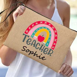 Estuche de lápices de arcoíris para profesores, bolsa de maquillaje personalizada con nombre, suministros de papelería de lino, bolsas de almacenamiento, Neceser de viaje, los mejores regalos