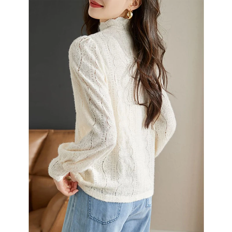 Women\'s Korean Fashion Hollow Lace Half High Collar Basic T-shirts Autumn Winter Female Elegant Chic Solid Long Sleeve Slim Tops