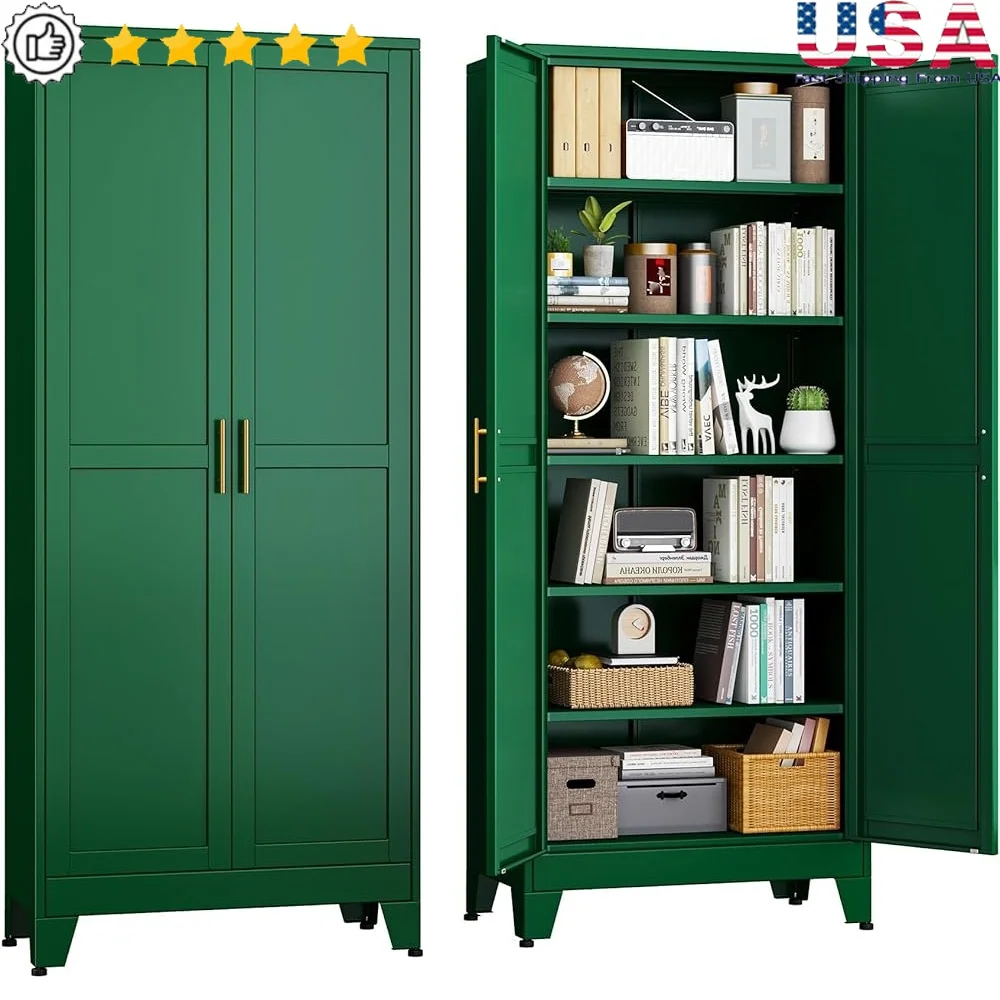 

Green Metal Storage Cabinet 75 Inch Tall Adjustable Shelves Double Door Kitchen Pantry Office Utility Room Organization