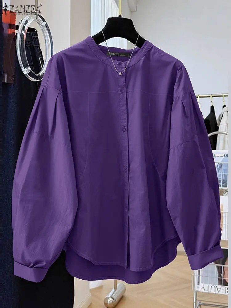 ZANZEA Frauen 2025, Herbst Shirts, Elegante O Hals Langarm Bluse Weibliche OL Arbeit Blusas Tasten Up Tops Casual Solide Lose Hemd