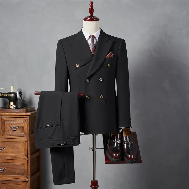 

(073) Groom's suit, men's double-breasted British style, business formal, slim fit