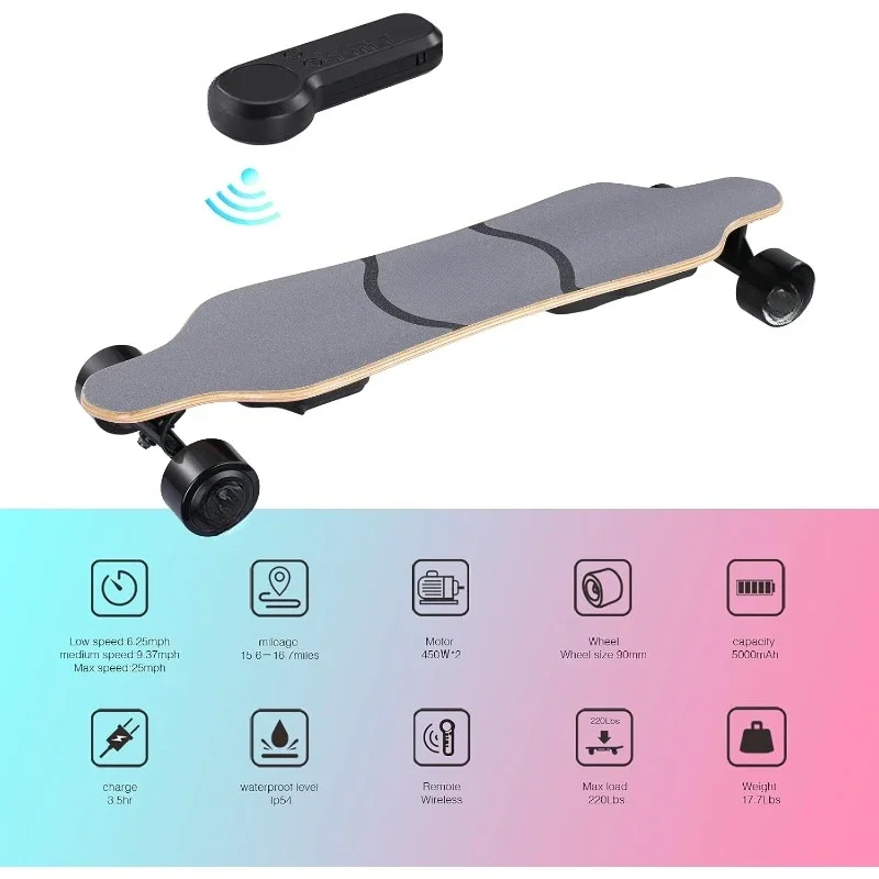 Electric Skateboard Electric Longboard with Remote Control Electric Skateboard 900W Hub-Motor 16 Miles Range 3 Speed Adjustment