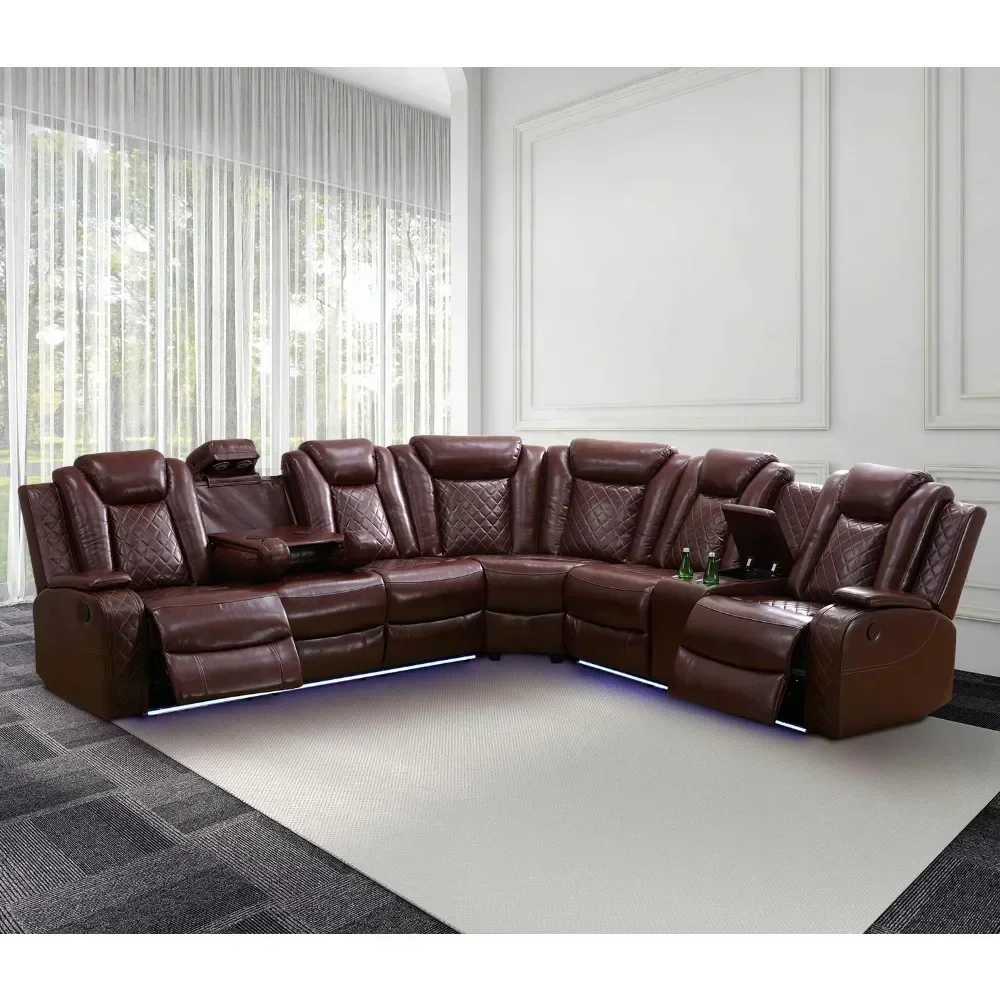 Power Recliner Sofa Sectional Couches with LED Light for Living Room,Leather Reclining Corner Sectional Sofa Set with 3Recliner