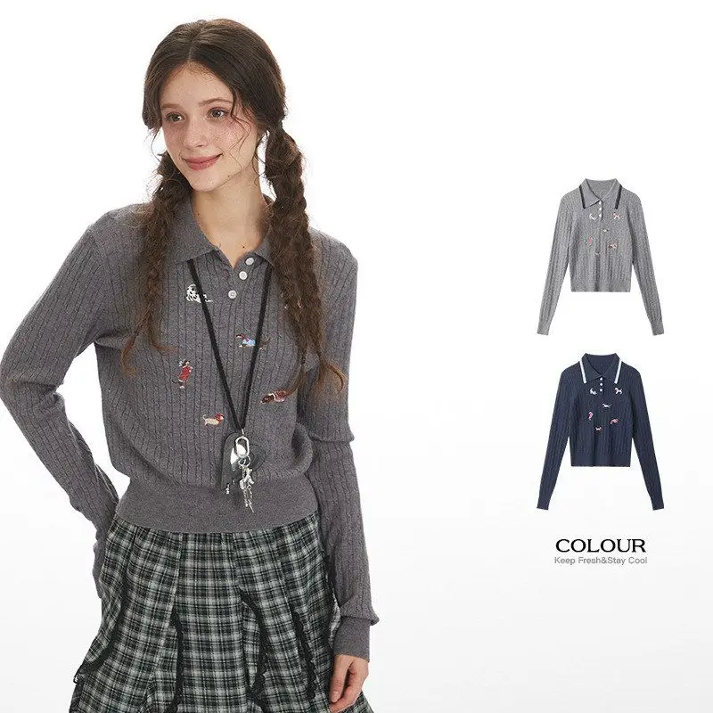 

HeyHenry College Sle ort Tailored Knitted Sweater Long Sve Autumn Dog Ins Embroidery Commute Faion Women's Top