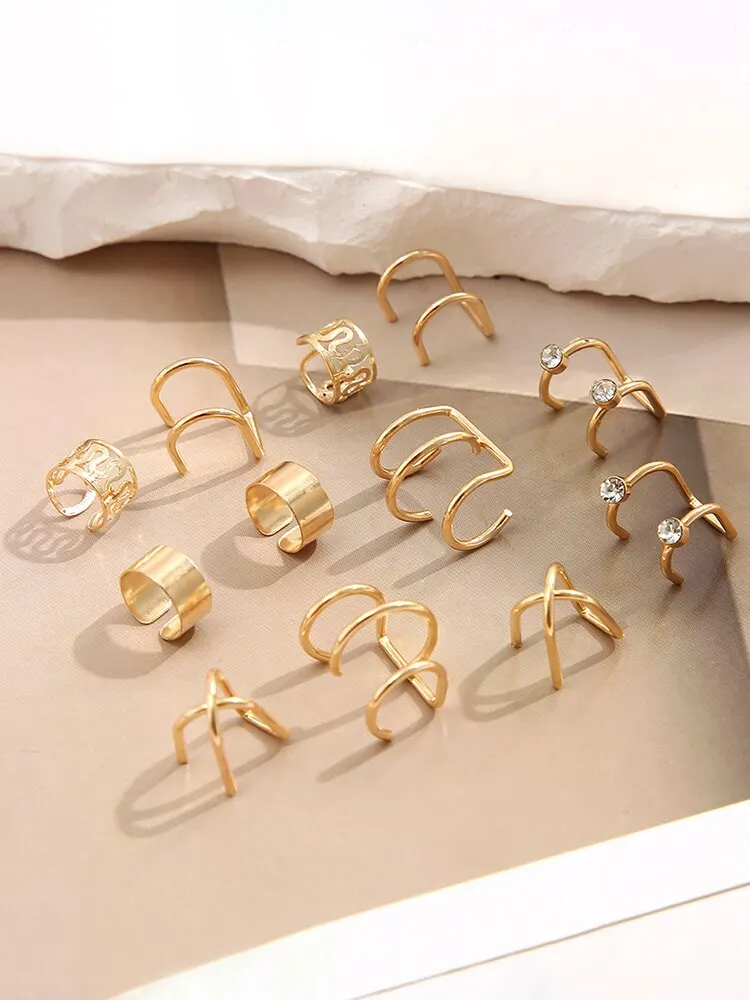 12 Pieces Vintage Gold Silver Color Ear Clip Earrings Set Crystal NonPiercing Ear Cuff Hollow Women Trendy Jewelry Wholesale