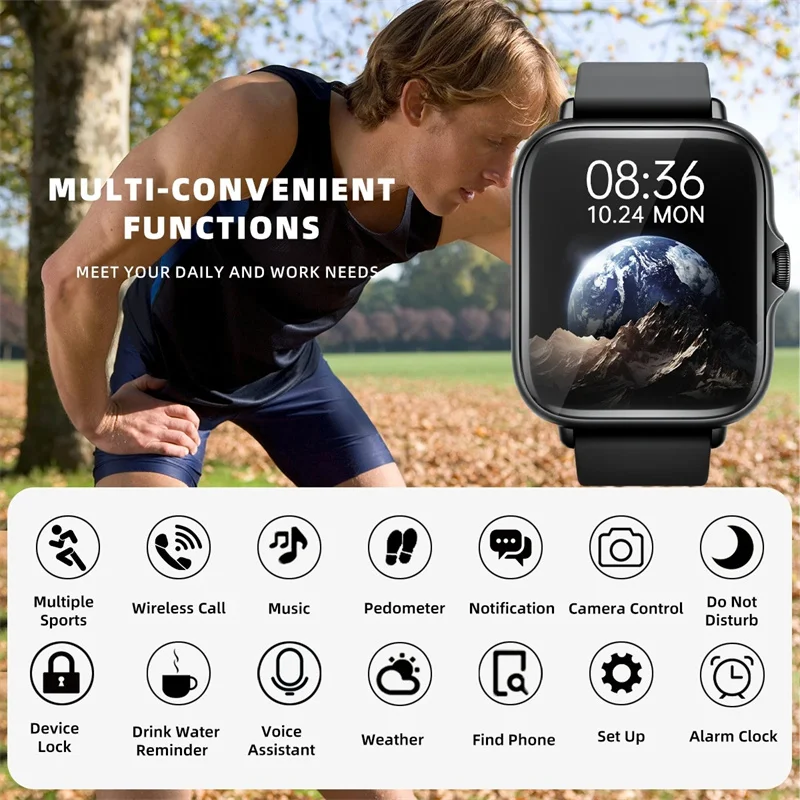 Reloj inteligente deportivo de 1,83 pulgadas, reloj inteligente con llamadas, monitoreo del sueño, podómetro deportivo, alertas de información para teléfonos iPhone y Android