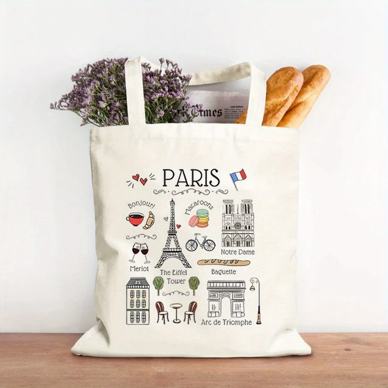 A Paris-Themed Tote Bag, Eiffel Tower and French Landmark Print, Reusable Shopping Bag, Open Design with Fixed Shoulder Straps,