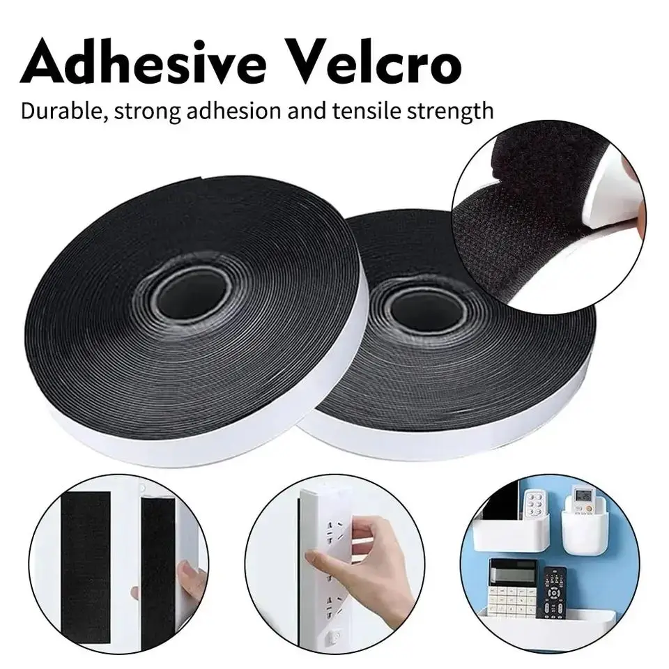 1/2/5M Hook and Loop Strips with Glue Strong Self Adhesive Fastener Double-Side Mounting Tapes for DIY Craft 20-50mm Black