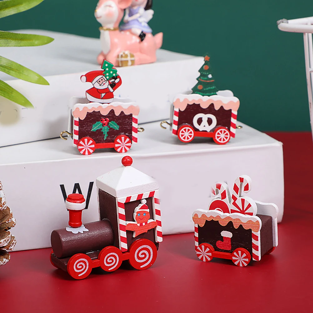 2 Pcs Wood Christmas Train Model Toy Desktop Decoration Wooden Train Ornaments Xmas Train Model Toy Christmas Atmosphere