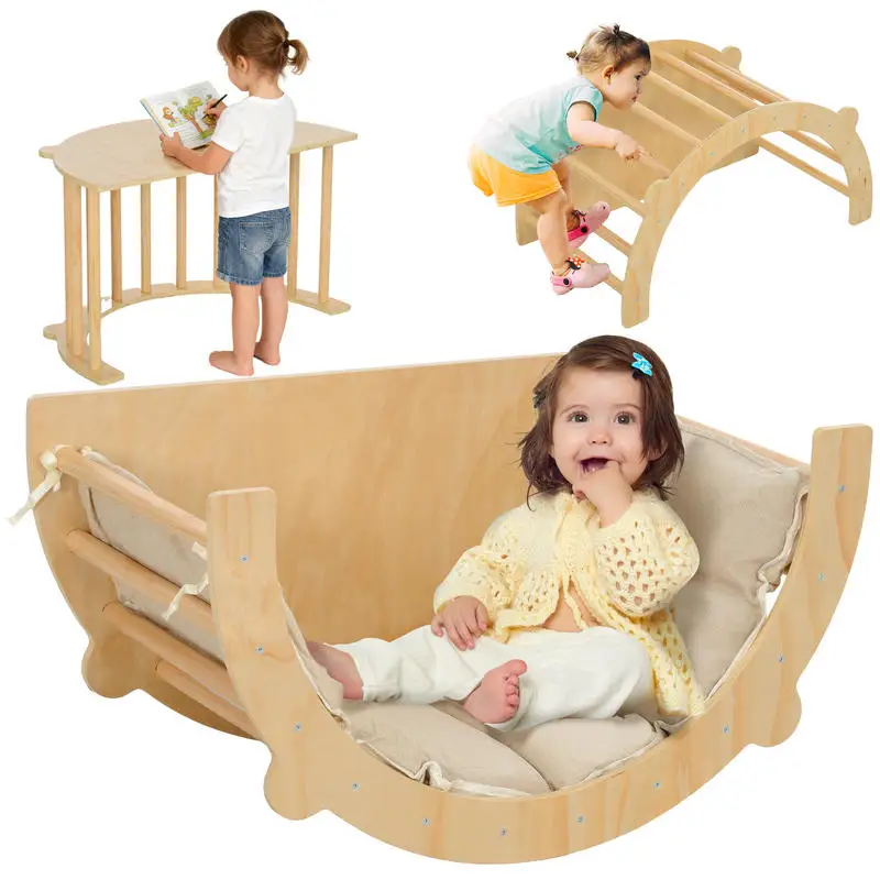 Fauteuil d'escalade 3 en 1 avec base et table avec coussin pour enfant, en bois naturel, pour enfants de 18 à 48 mois