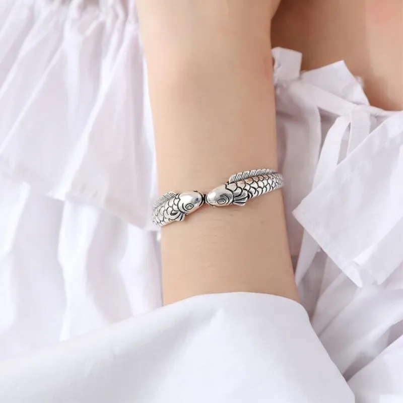 New Exquisite Cute Fish 925 Sterling Silver Jewelry Bracelets Pisces Double Fish Ethnic Style Retro Bangles  SL006