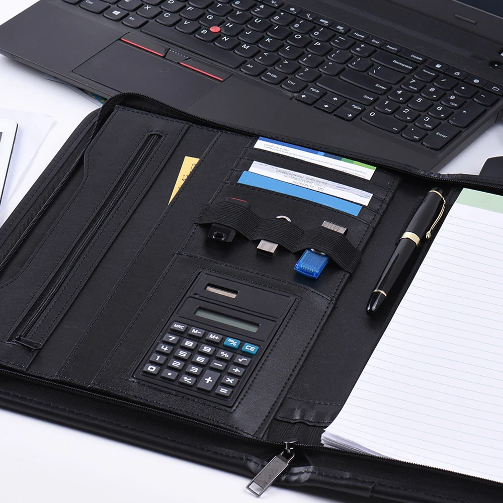 A4 بو الجلود متعددة الوظائف المهنية الأعمال انغلق محفظة بادفوليو مجلد حافظة مستندات المنظم مع آلة حاسبة