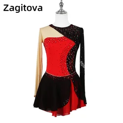 ZAGITOVA Black Red Figure Skating Dress Long Sleeves Ice Skating Skirt Women's Girls Diamond Competition Mesh Skirt Lace