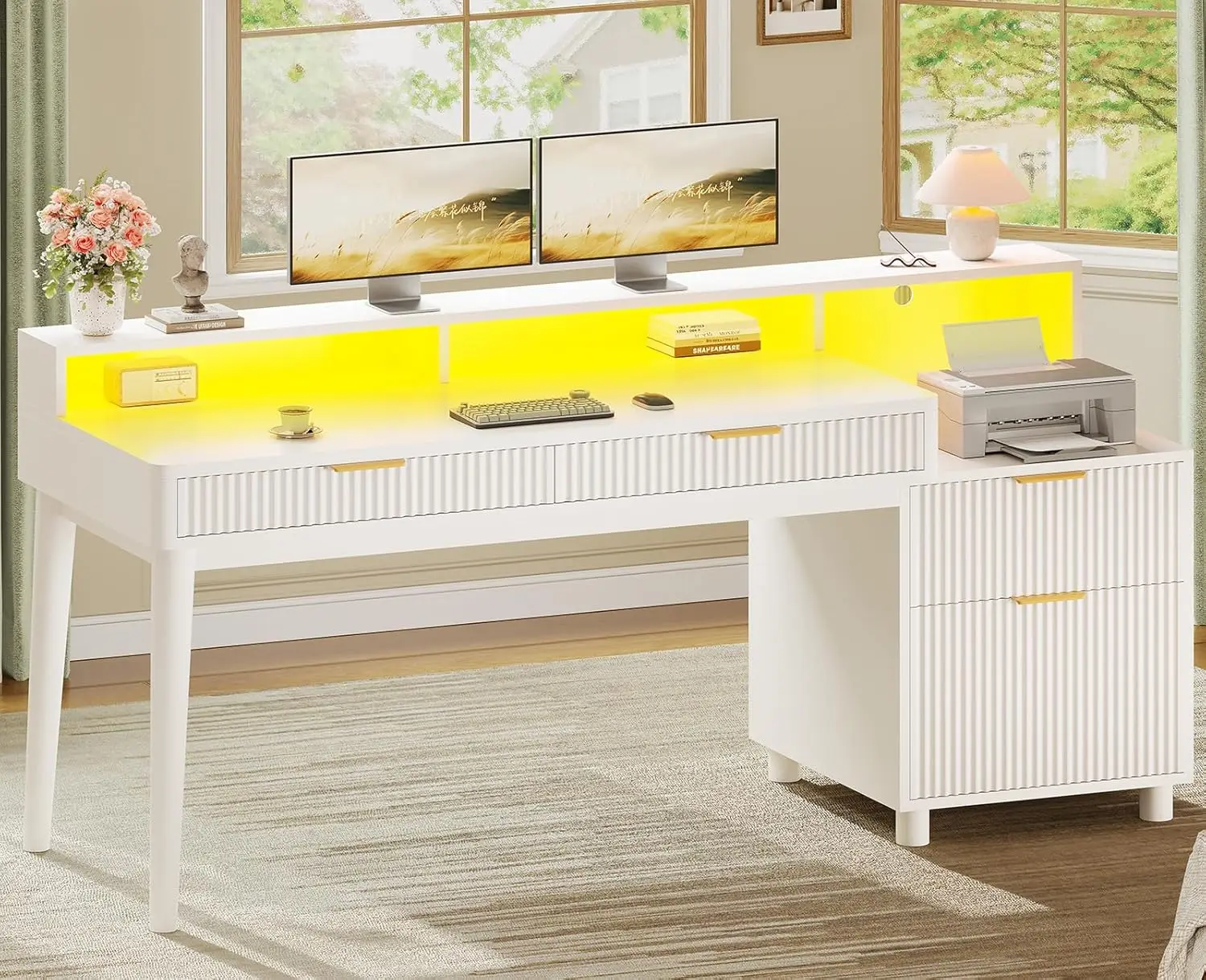 

59-дюймовый офисный стол из рифленого дерева с 4 ящиками, LED-подсветкой и блоком розеток, игровой/учебный стол для дома/спальни, на заказ