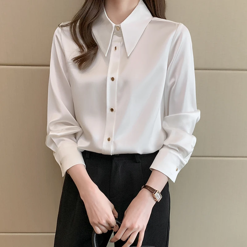 Spring Autumn Elegant Satin White Women's Blouse 2025 New French Style Single Breasted Casual Loose Office Shirts Female