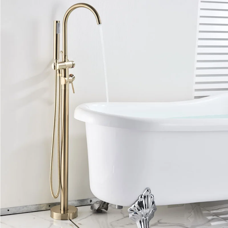 Imagem -06 - Gold Bathtub Floor Stand Faucet Mixer Single Handle Tap 360 Rotação Spout com Abs Handshower Bath Shower