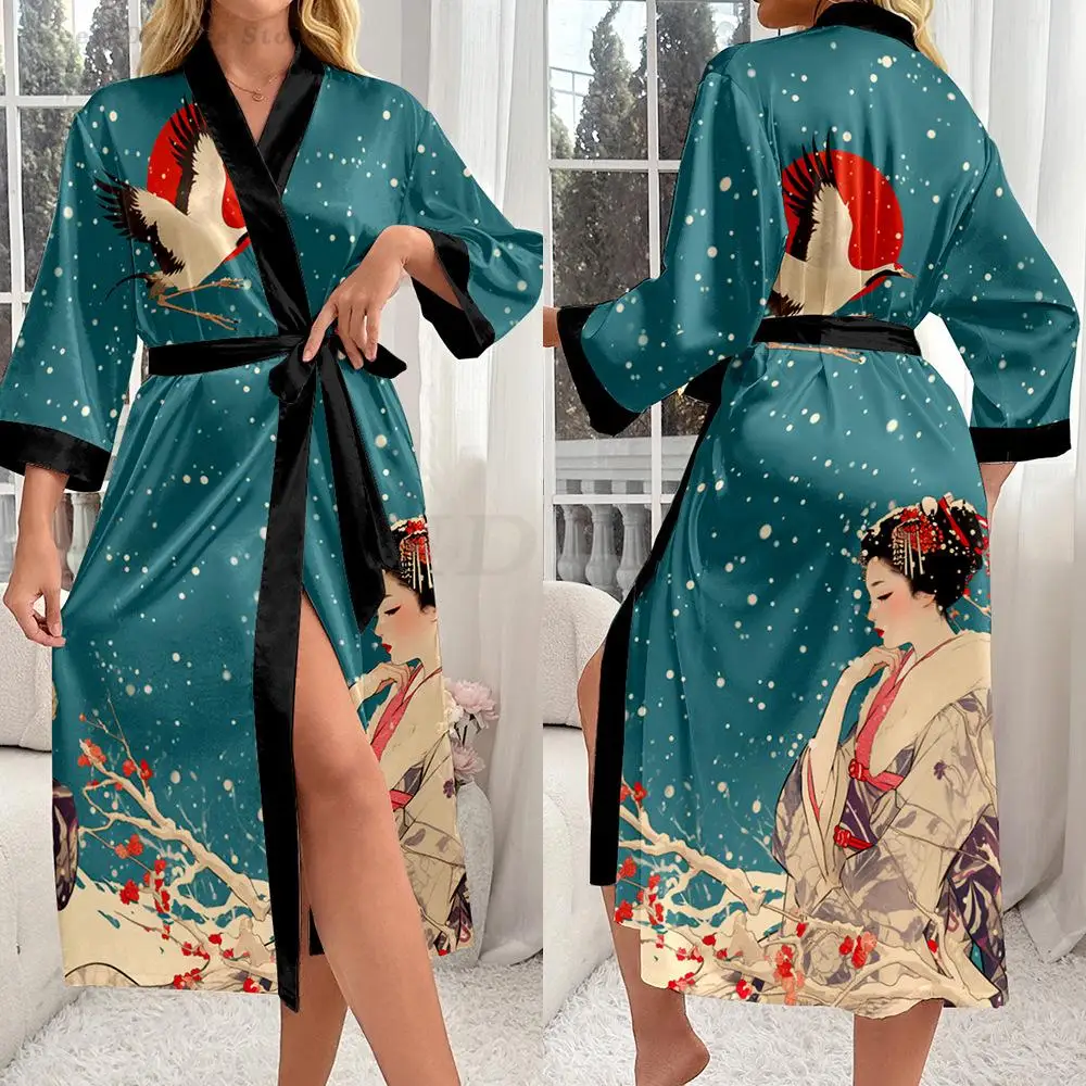 

Chinese Style Print Women Long Robe Nightgown Retro Satin Sleepwear Nightdress Female Sexy Kimono Bathrobe Gown Loose Home Wear