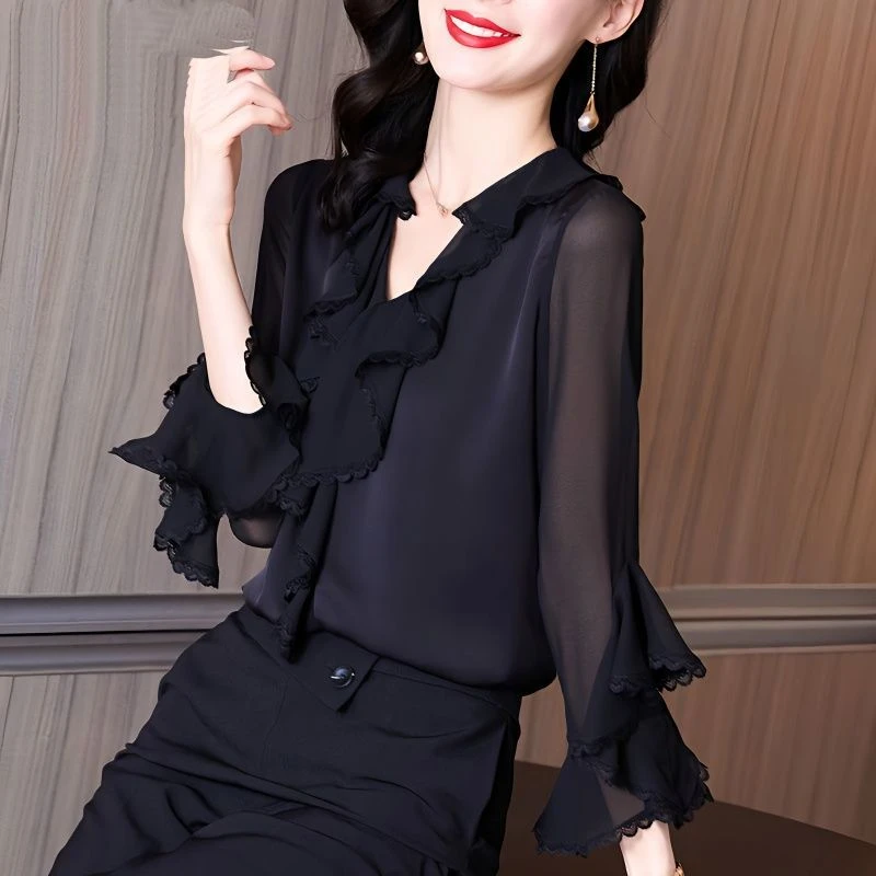 Spring Summer Women\'s Clothing Solid Color Ruffles V-Neck Pullover Chiffon T-shirt Casual Elegant Fashion Flattering Tops