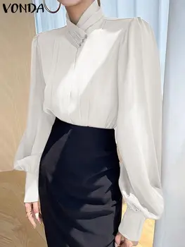 VONDA-Chemisier à Manches sulfpour Femme, Grande Taille, Décontracté, Couleur Unie, à la Mode, Élégant, Plissé, Vintage