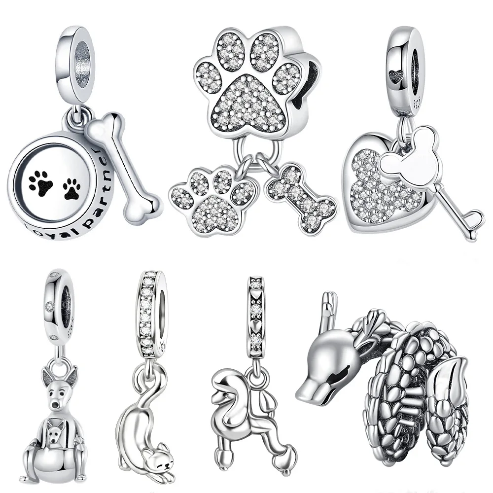 925 Sterling Silver  Paw Print Bone Charms Beads Fit Original Bracelets Bag Keychain Charms Beads Pendant Diy Women Jewelry Gift