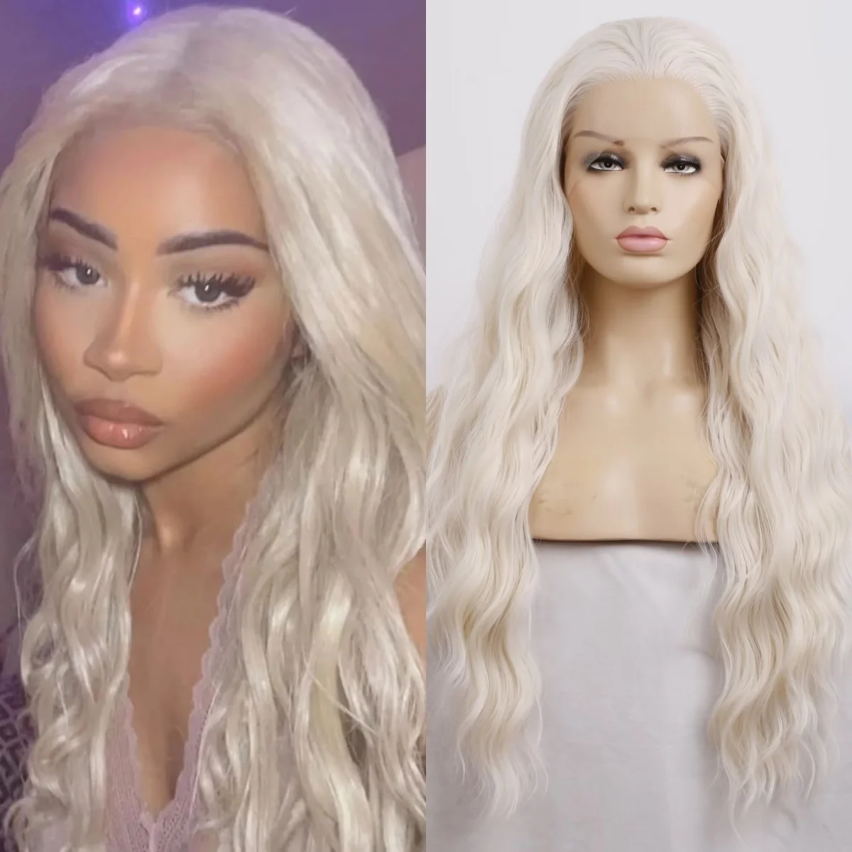 RDY Platinum Blonde Wig Deep Wave Long Curly Synthetic Lace Front Wig Glueless White Blond Hair Frontal Wigs for Women Daily