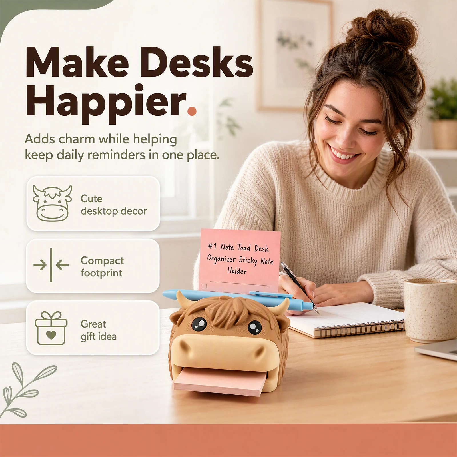 3D Printed Animal Sticky Note Holder Desk Organizer Frog Hippo Cow with Pen Holder