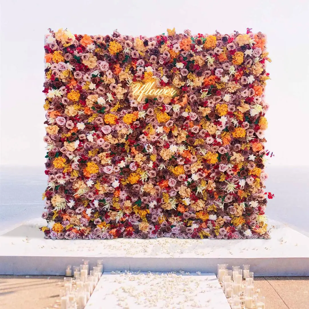 5D Wedding Autumn Orange Rose Artificial Flower Wall Floral Arch Row Backdrop Event Party Props Flower Floral Arrangement