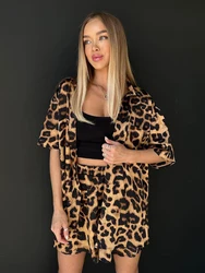 Marthaqiqi Leopard Print Ladies Sleepwear Set Half Sleeve Pajama Turn-Down Collar Nightgowns Shorts Loose Home Clothes For Women