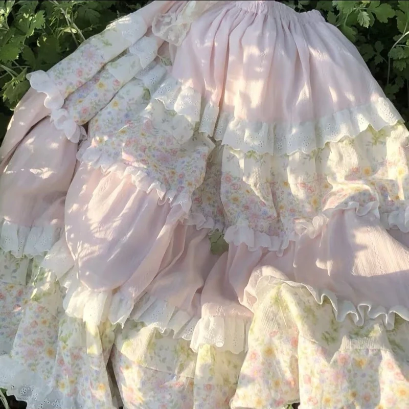 Pink Floral Design Cake Skirt Women Aesthetic Elegant Fairy Cute Half-Length Skirt Lace Trim New Retro Long Skirts Summer 2026