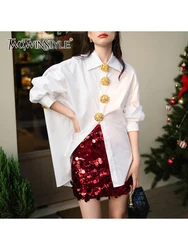 TWOTWINSTYLE Solid Spliced Button Loose Chic Blouse For Women Lapel Long Sleeve Temperament Long Shirts Female Fashion Style New