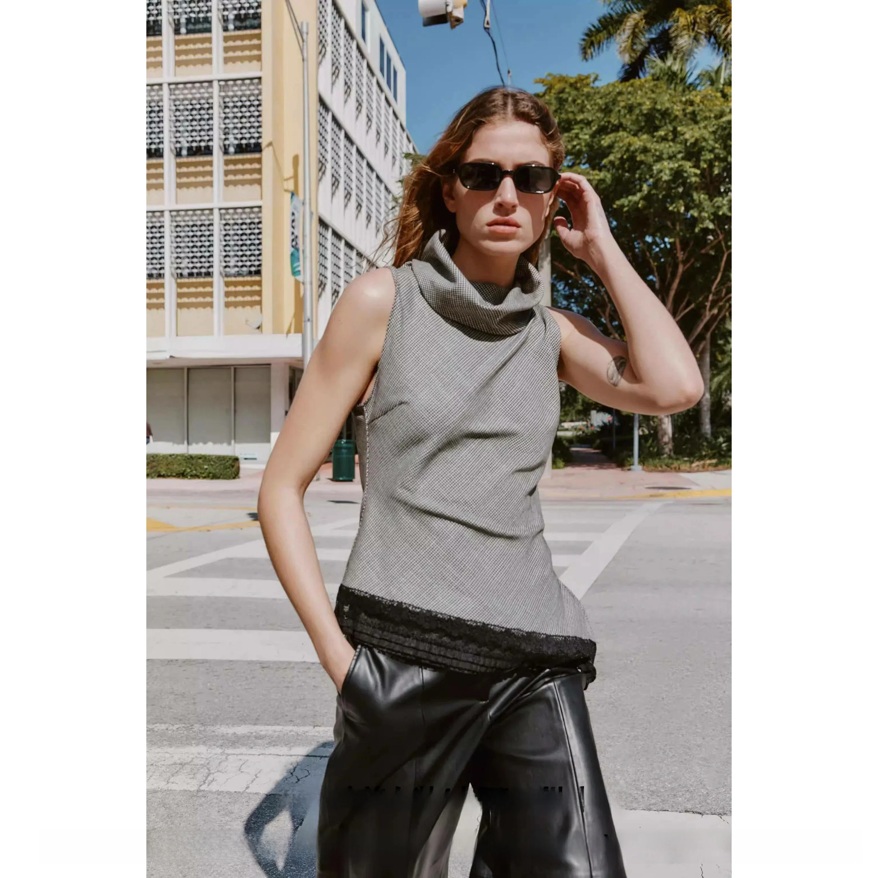 Spring Summer New Women's Sleeveless Lace Draped Neck Bird Pattern Asymmetric Slit Top Slim Fit Curve Vest Regular Length