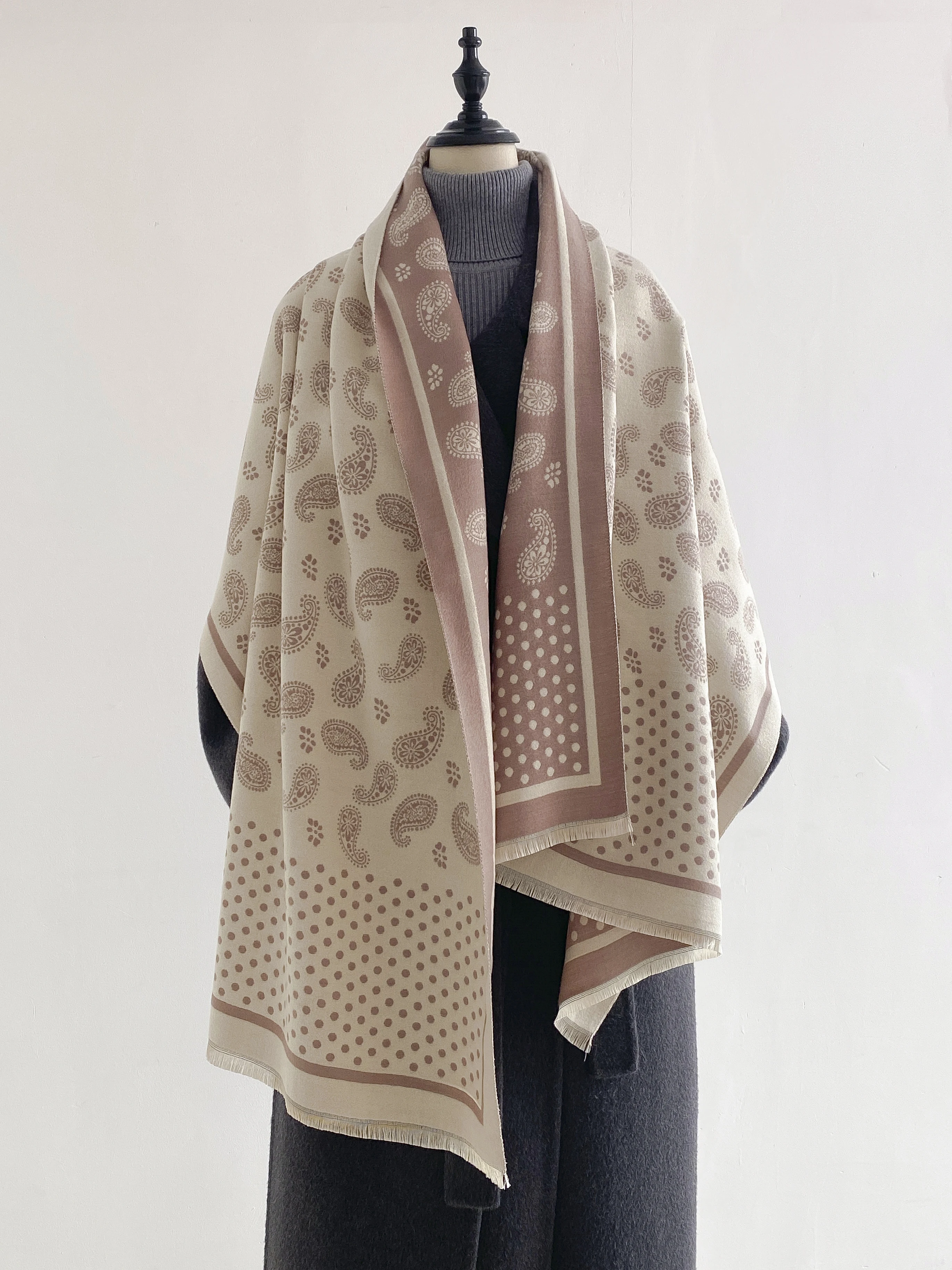 Women Reversible Paisley Polka Dot Shawl, Soft Imitation Cashmere Tassel Scarf, Winter Large Warm Wrap