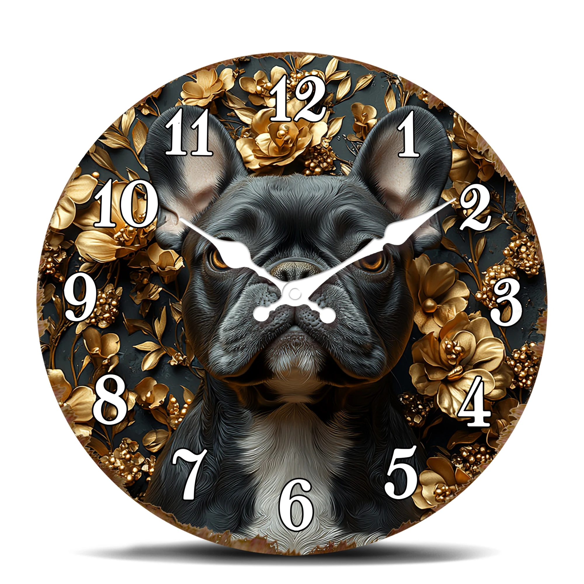 Schwarze Bulldogge in goldenem Blumen-Wanduhr, stilvolle runde Hundeporträt-Uhr, dekorative leise Wanduhr für Haustierliebhaber Ho