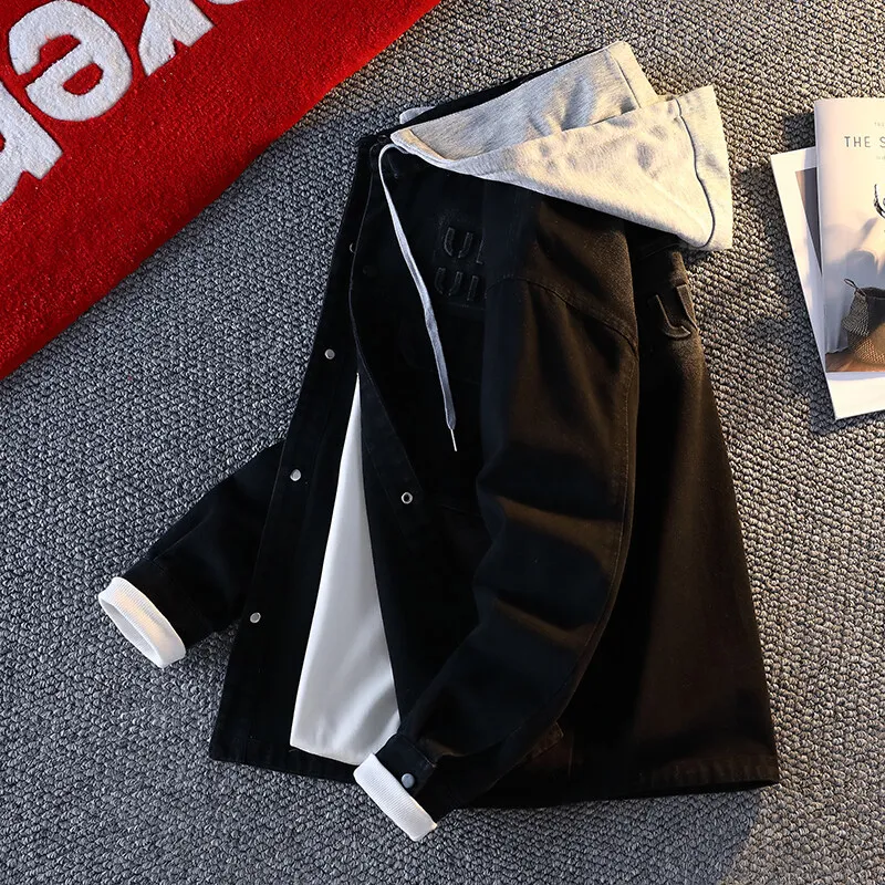 2025 spring Men Solid Denim Jackets Fashion Motorcycle Vintage Jeans Jackets Hommes Slim Fit Cotton Coat Casual Hooded Coats